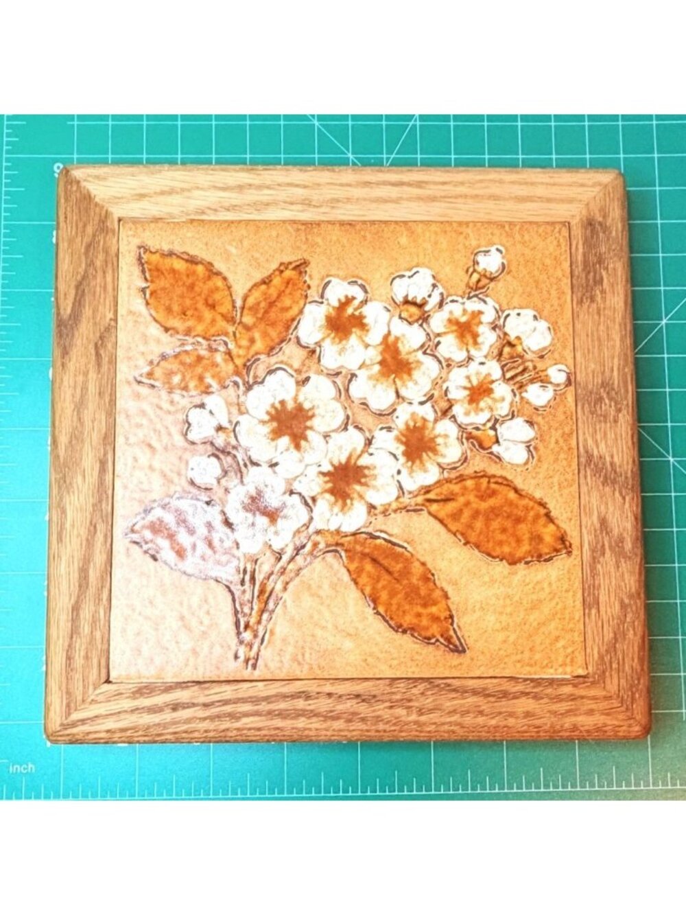 Semigres Italian Italy Floral Tile Trivet Wall Art Wood Frame VTG Brown White
